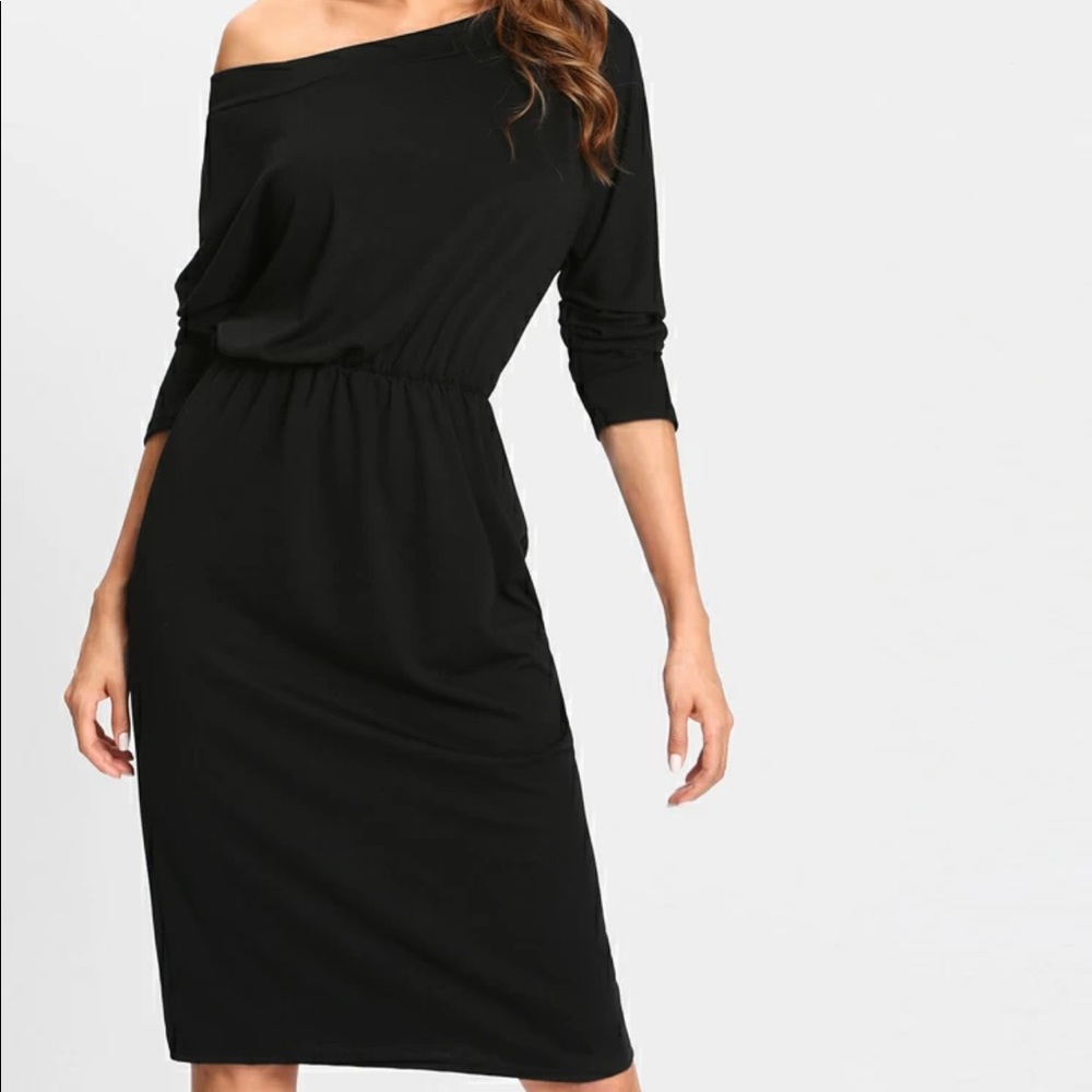 Black dress off shoulder elastic waist dress L